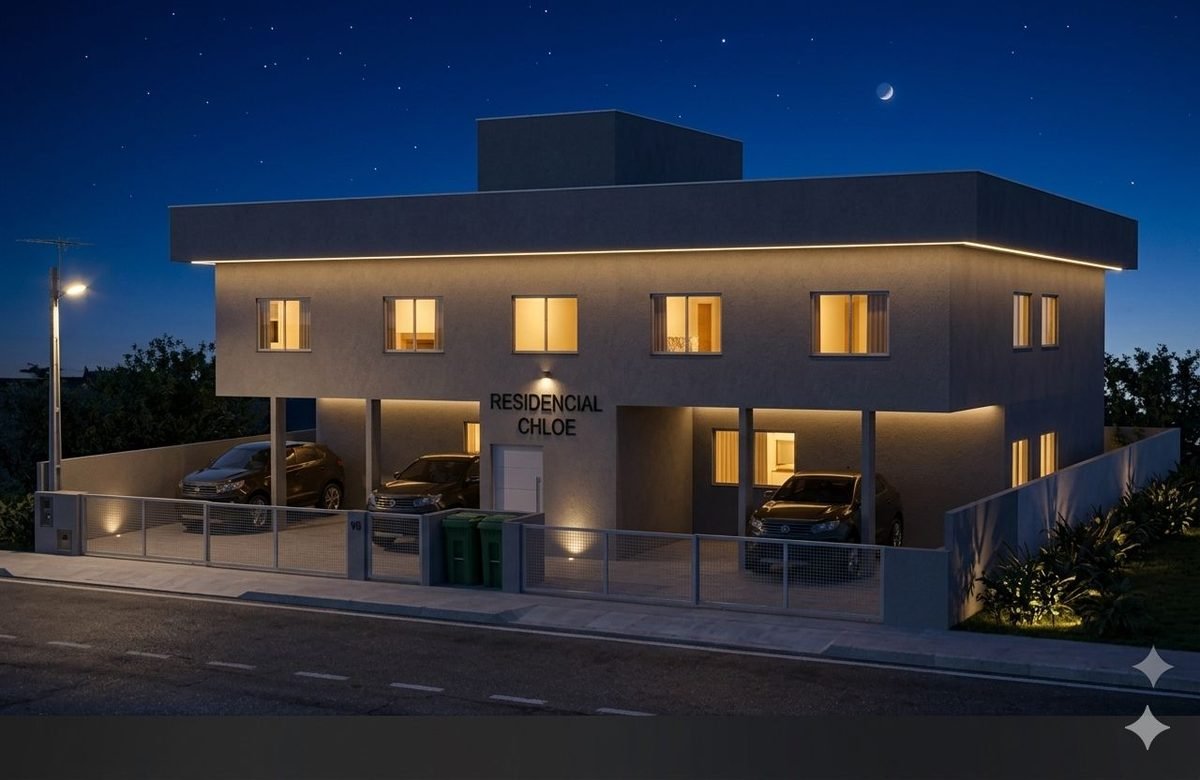 Residencial Chloe — fachada com iluminação noturna, projeto arquitetônico e construtivo da BDS Engenharia no Litoral Norte SC